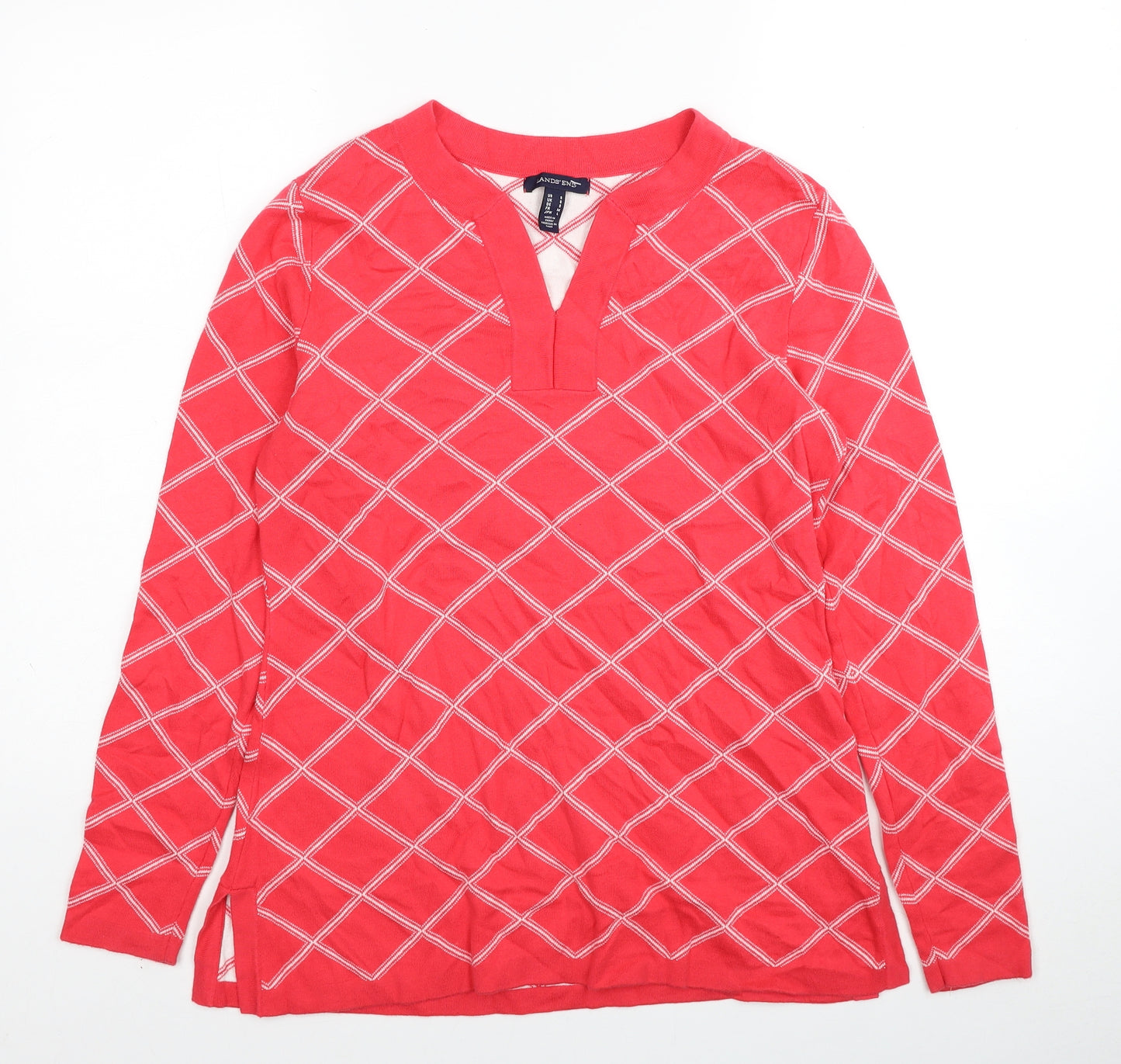 Lands' End Womens Pink V-Neck Geometric Cotton Pullover Jumper Size S