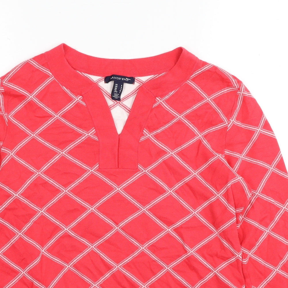 Lands' End Womens Pink V-Neck Geometric Cotton Pullover Jumper Size S