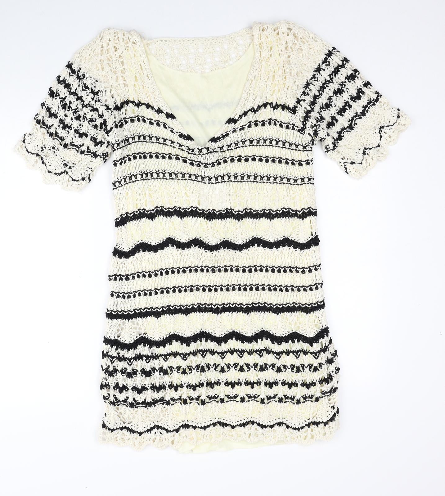 Zara Womens White Striped Cotton Jumper Dress Size S V-Neck Pullover