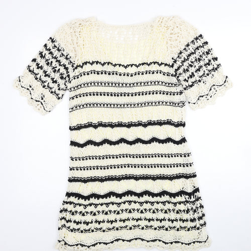Zara Womens White Striped Cotton Jumper Dress Size S V-Neck Pullover