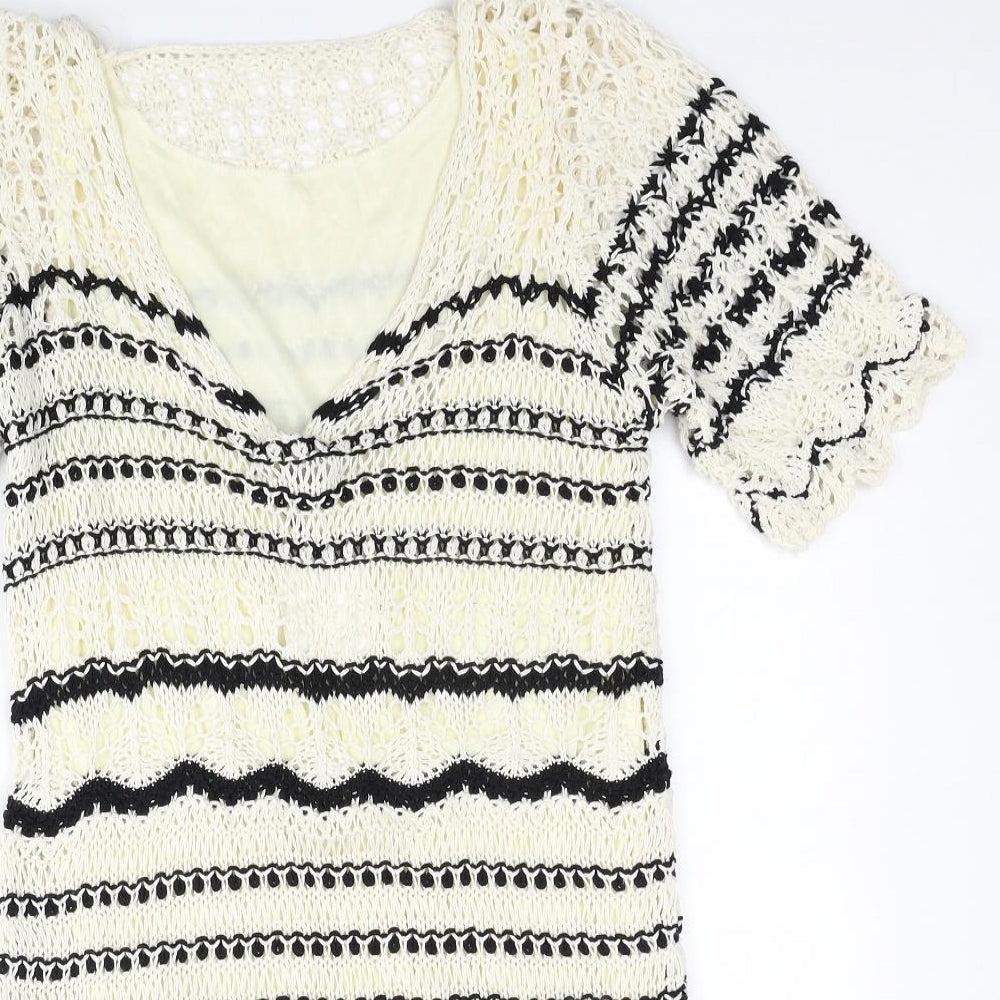 Zara Womens White Striped Cotton Jumper Dress Size S V-Neck Pullover