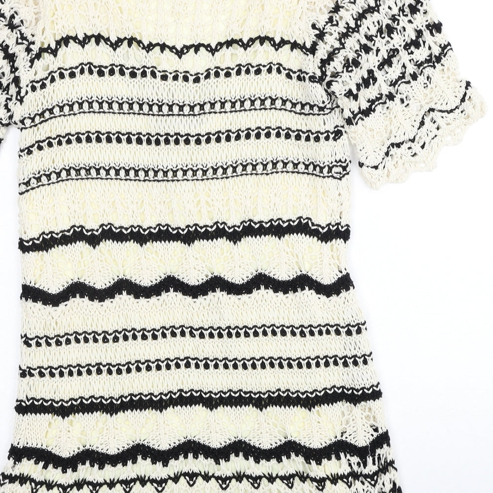 Zara Womens White Striped Cotton Jumper Dress Size S V-Neck Pullover