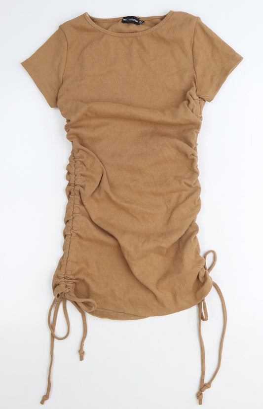 Front view of PRETTYLITTLETHING women’s beige cotton bodycon, size UK 8, boat neck pullover