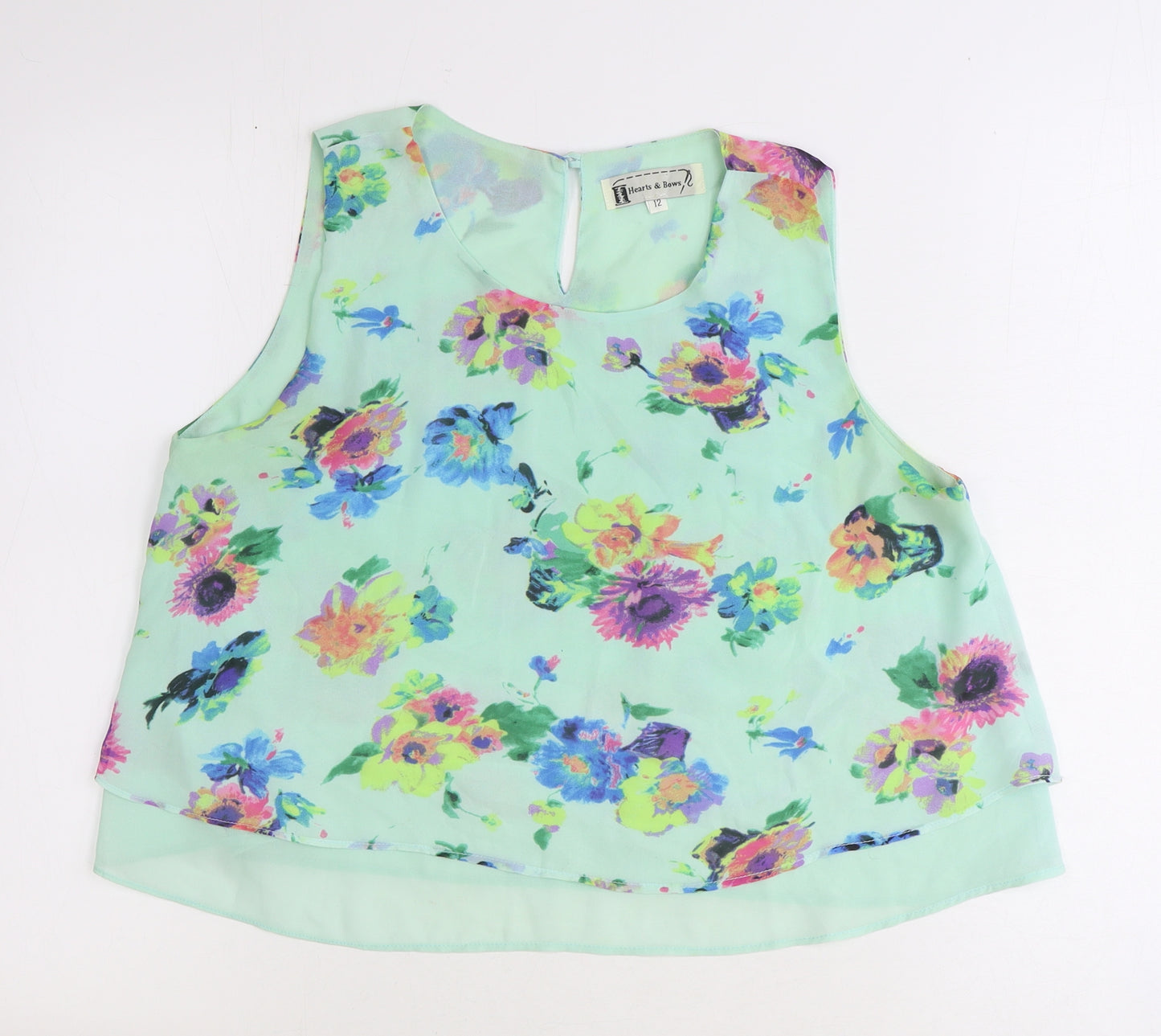 Hearts and Bows Womens Green Floral Polyester Basic Blouse Size 12 Scoop Neck