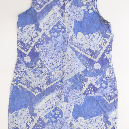 Isle Collection Womens Blue Geometric Linen Shift Size 12 V-Neck Pullover