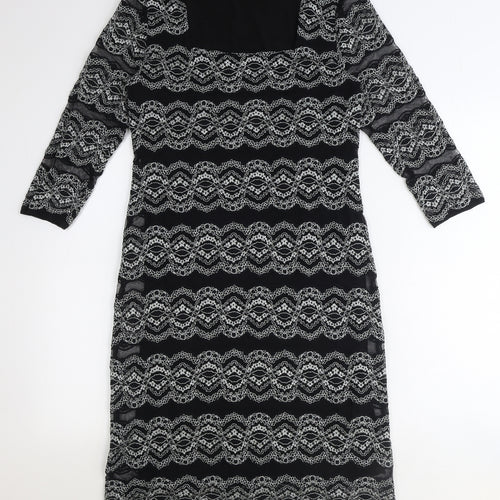 Roman Womens Black Geometric Polyamide A-Line Size 14 Square Neck Pullover