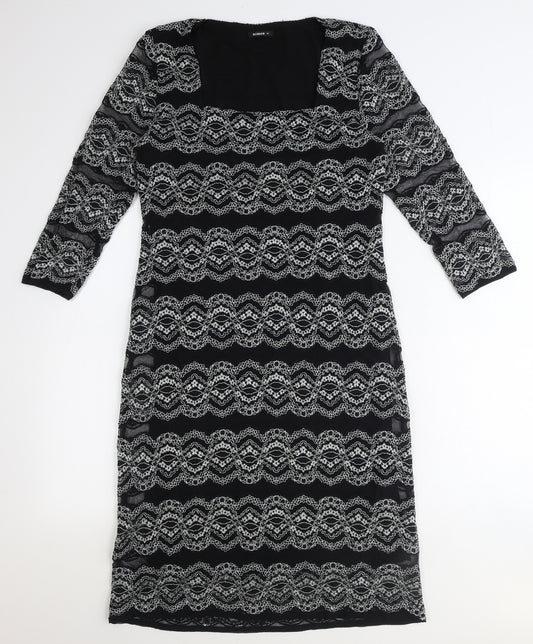 Front view of Roman women’s black geometric polyamide a-line, size UK 14, square neck pullover