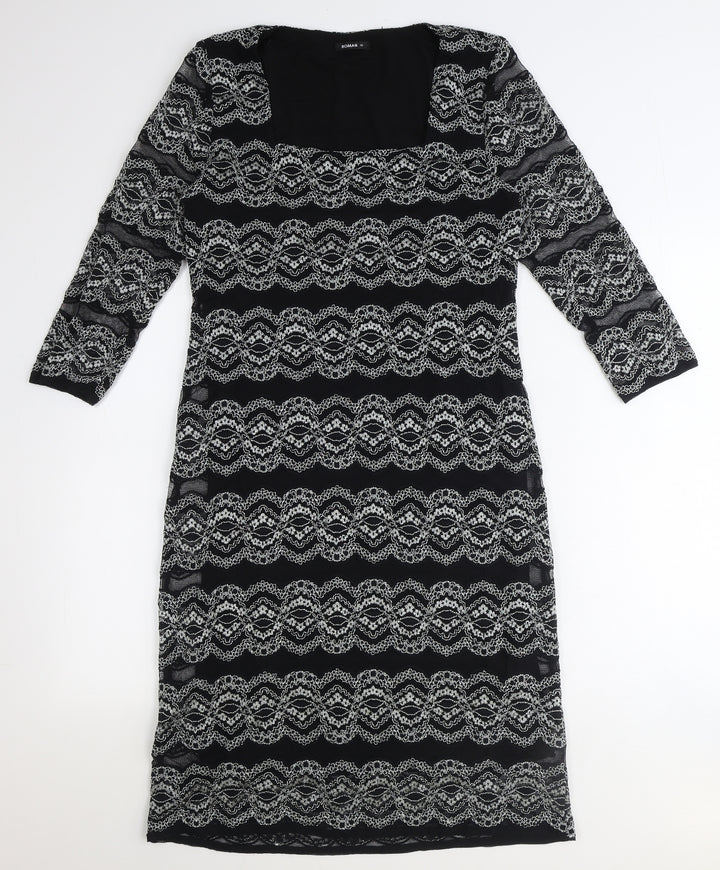 Roman Womens Black Geometric Polyamide A-Line Size 14 Square Neck Pullover