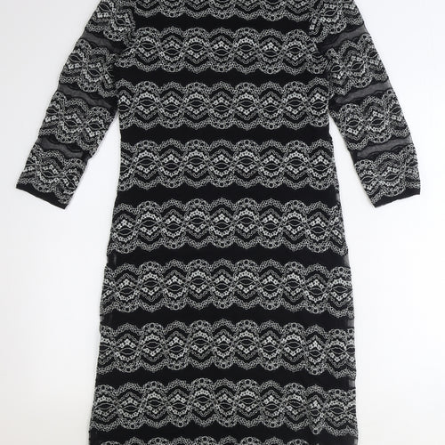 Roman Womens Black Geometric Polyamide A-Line Size 14 Square Neck Pullover