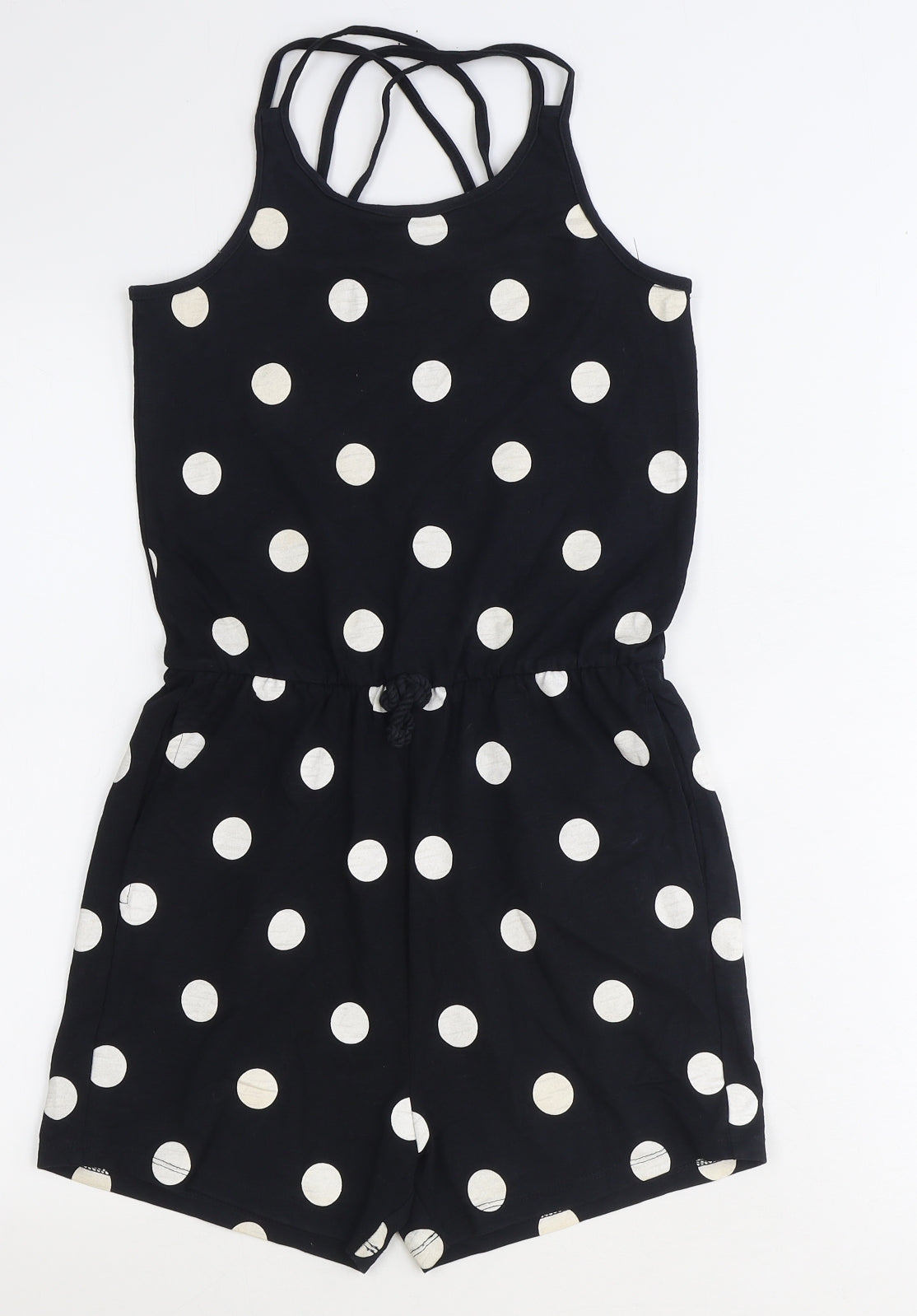 George Girls Black Polka Dot Cotton Playsuit One-Piece Size 11-12 Years Drawstring
