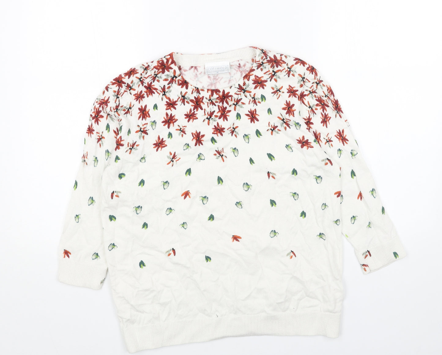 Cotswold Collections Womens White Scoop Neck Floral Cotton Pullover Jumper Size M