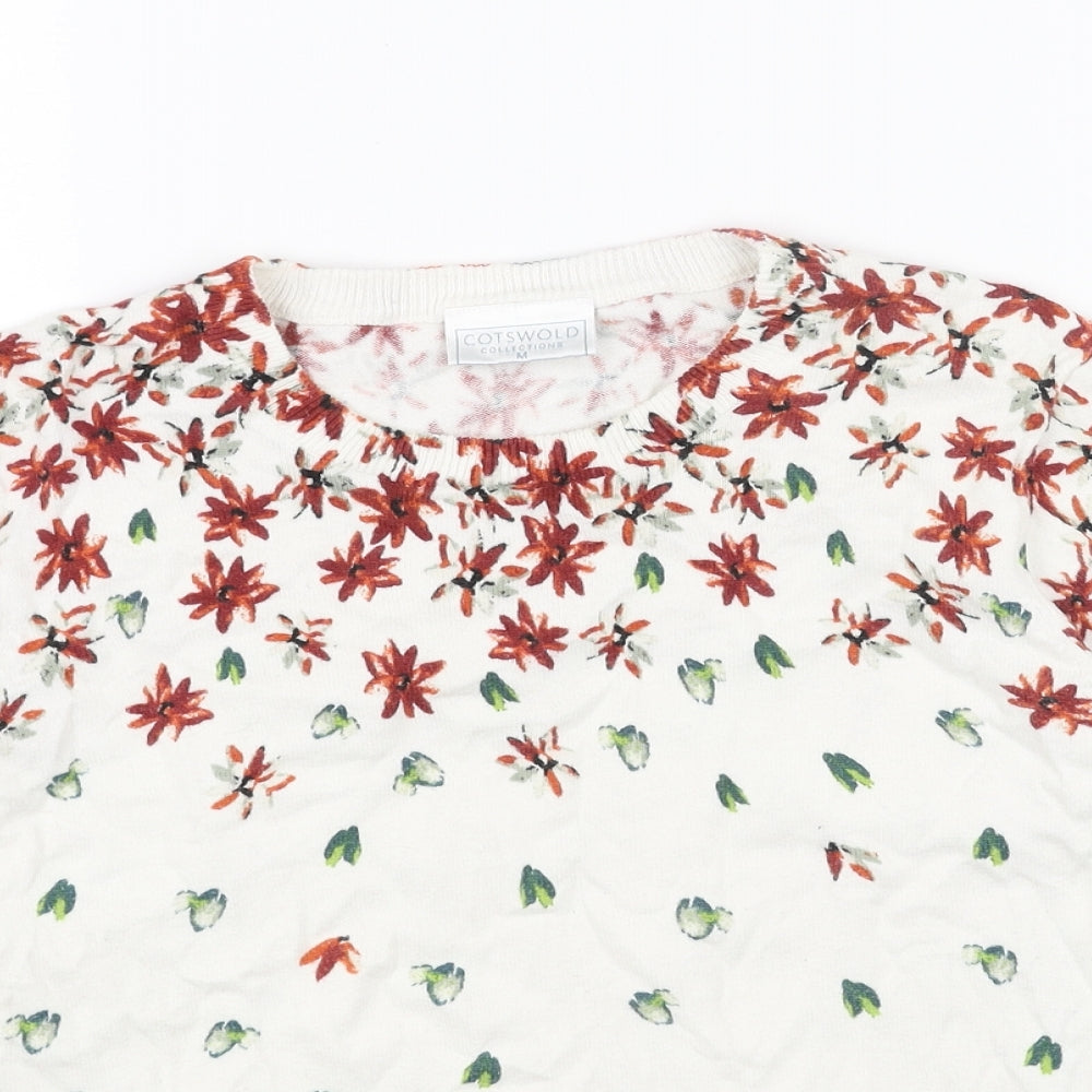 Cotswold Collections Womens White Scoop Neck Floral Cotton Pullover Jumper Size M