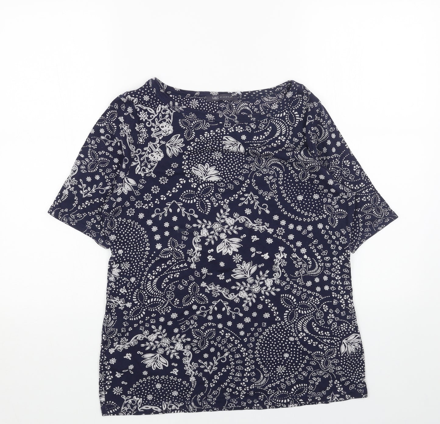 Marks and Spencer Womens Blue Geometric Cotton Basic T-Shirt Size 16 Round Neck
