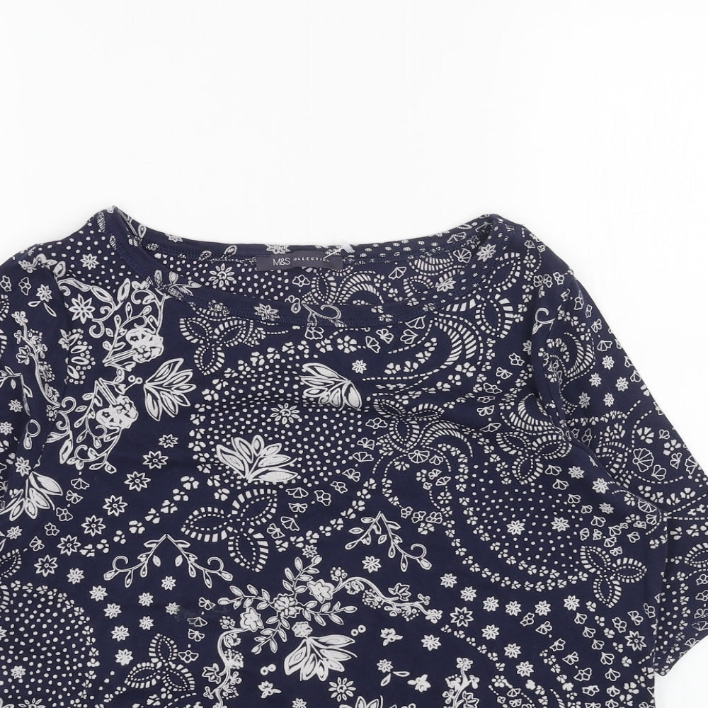 Marks and Spencer Womens Blue Geometric Cotton Basic T-Shirt Size 16 Round Neck
