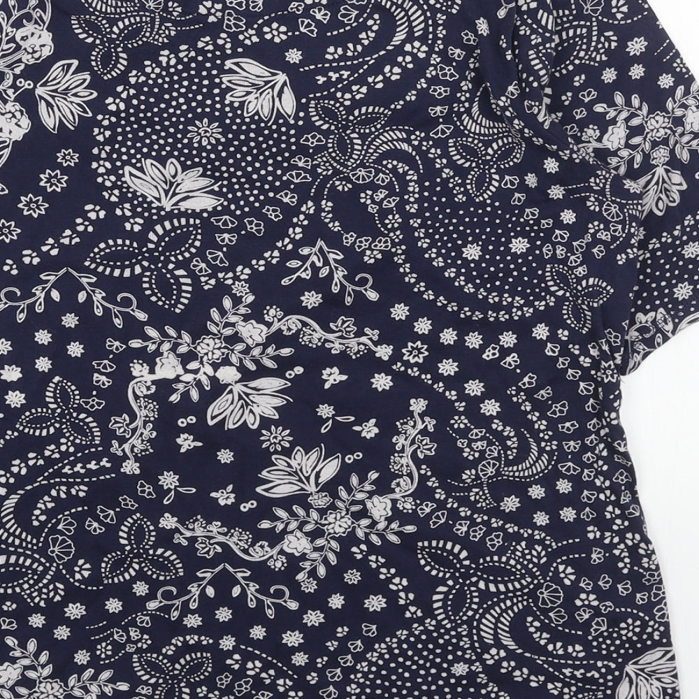 Marks and Spencer Womens Blue Geometric Cotton Basic T-Shirt Size 16 Round Neck