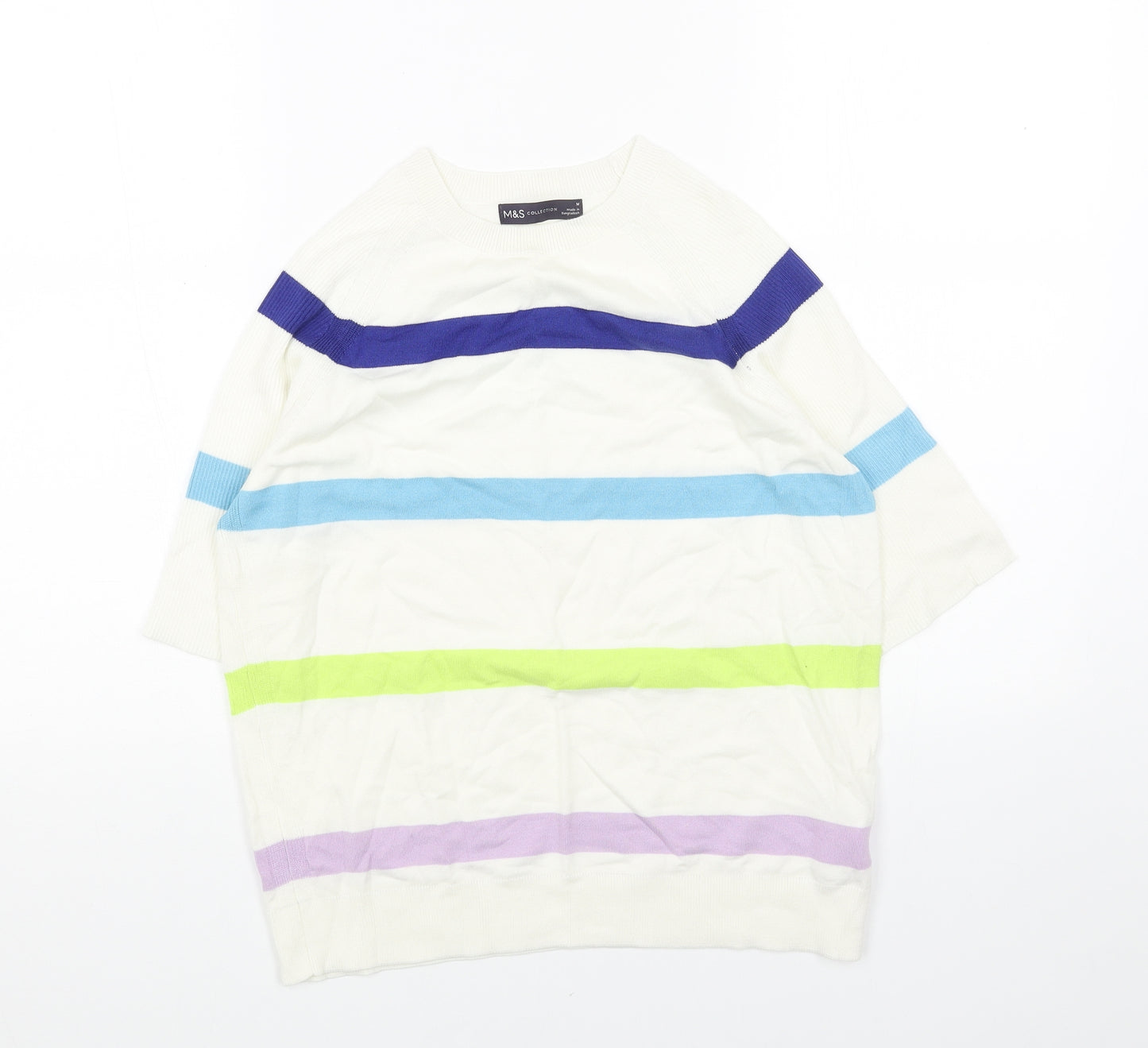 Marks and Spencer Womens White Round Neck Striped Acrylic Pullover Jumper Size M