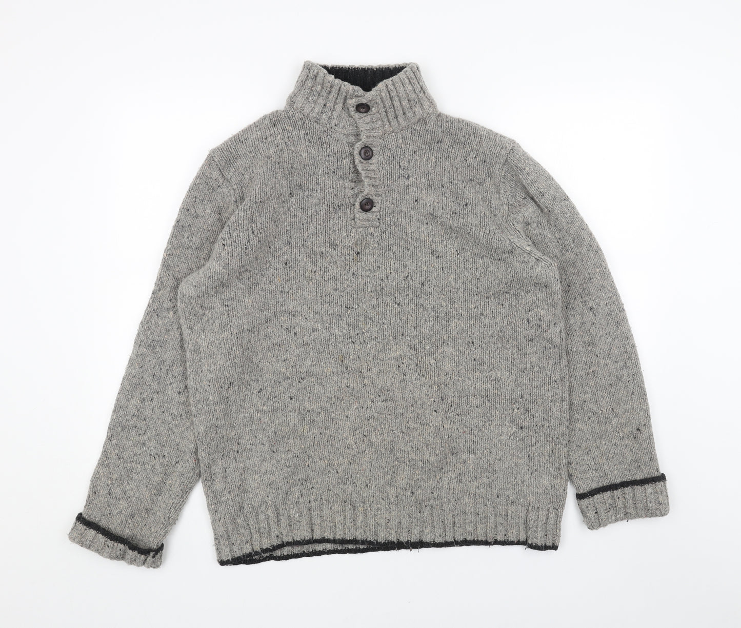 John Lewis Mens Grey High Neck Herringbone Acrylic Henley Jumper Size M Long Sleeve