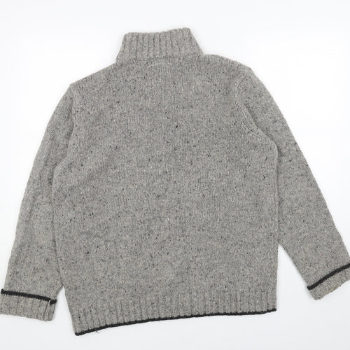 John Lewis Mens Grey High Neck Herringbone Acrylic Henley Jumper Size M Long Sleeve