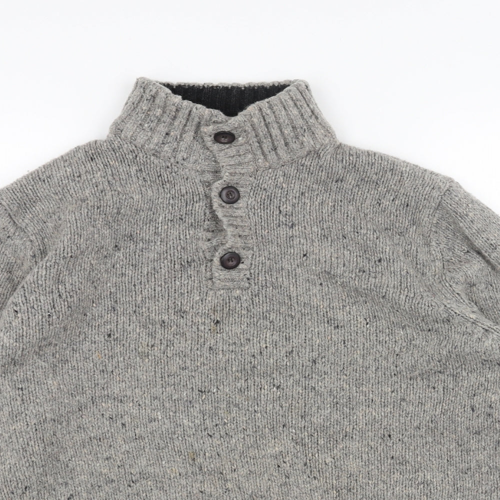 John Lewis Mens Grey High Neck Herringbone Acrylic Henley Jumper Size M Long Sleeve
