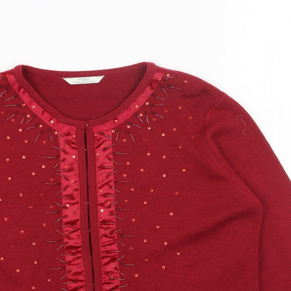 Marks and Spencer Womens Red Round Neck Acrylic Cardigan Jumper Size 14