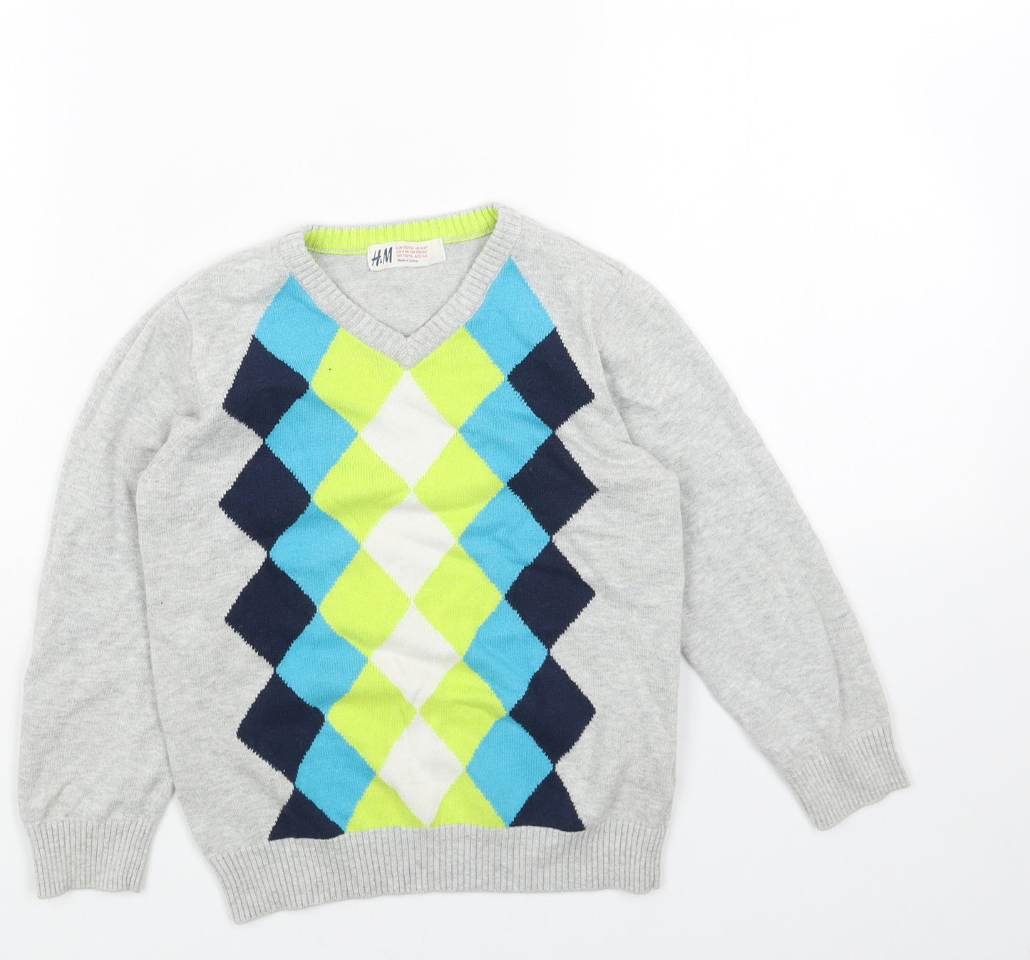 H&M Womens Grey V-Neck Geometric Acrylic Pullover Jumper Size 4XL