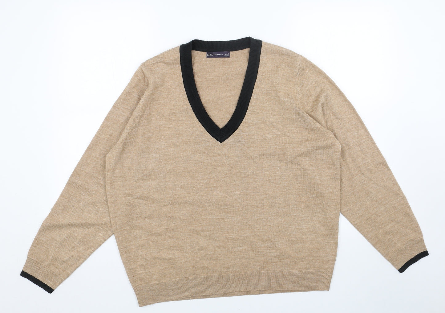 Marks and Spencer Womens Beige V-Neck Acrylic Pullover Jumper Size L