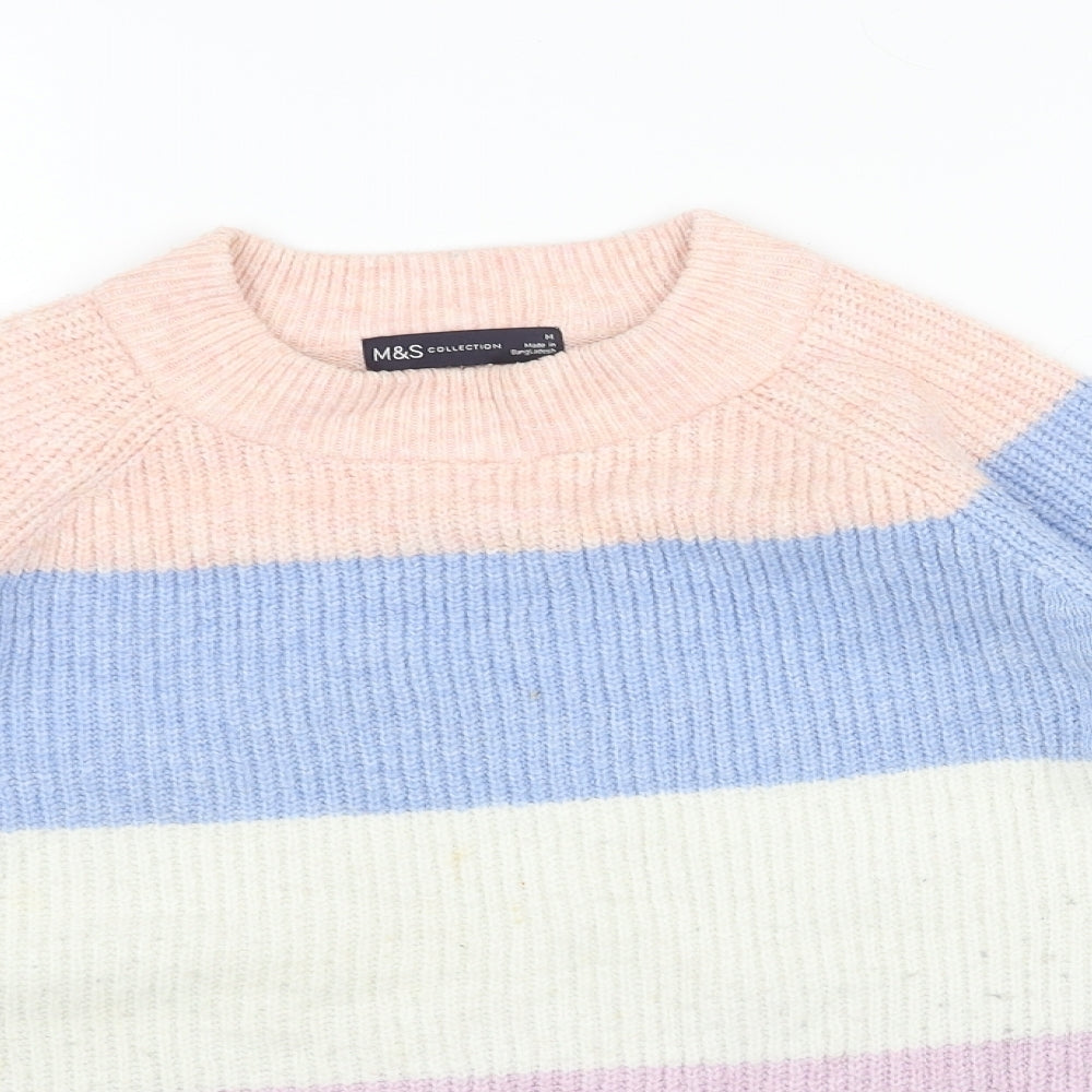 Marks and Spencer Womens Grey Round Neck Striped Acrylic Pullover Jumper Size M
