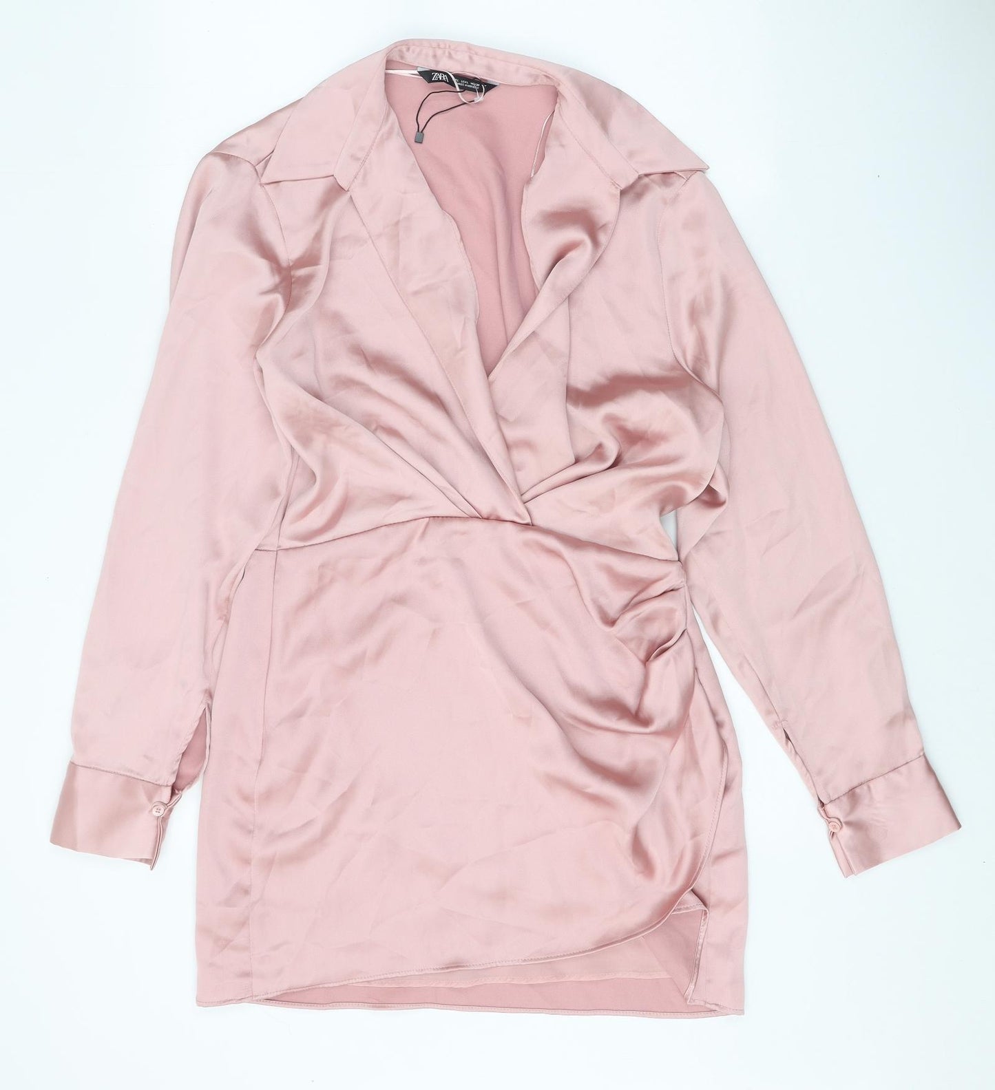 Zara Womens Pink Polyester Shirt Dress Size L Collared Zip
