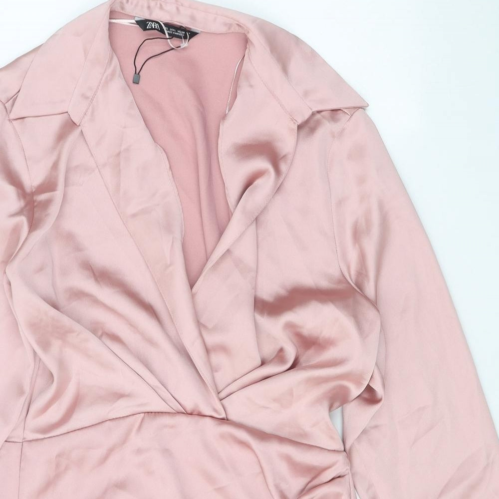 Zara Womens Pink Polyester Shirt Dress Size L Collared Zip
