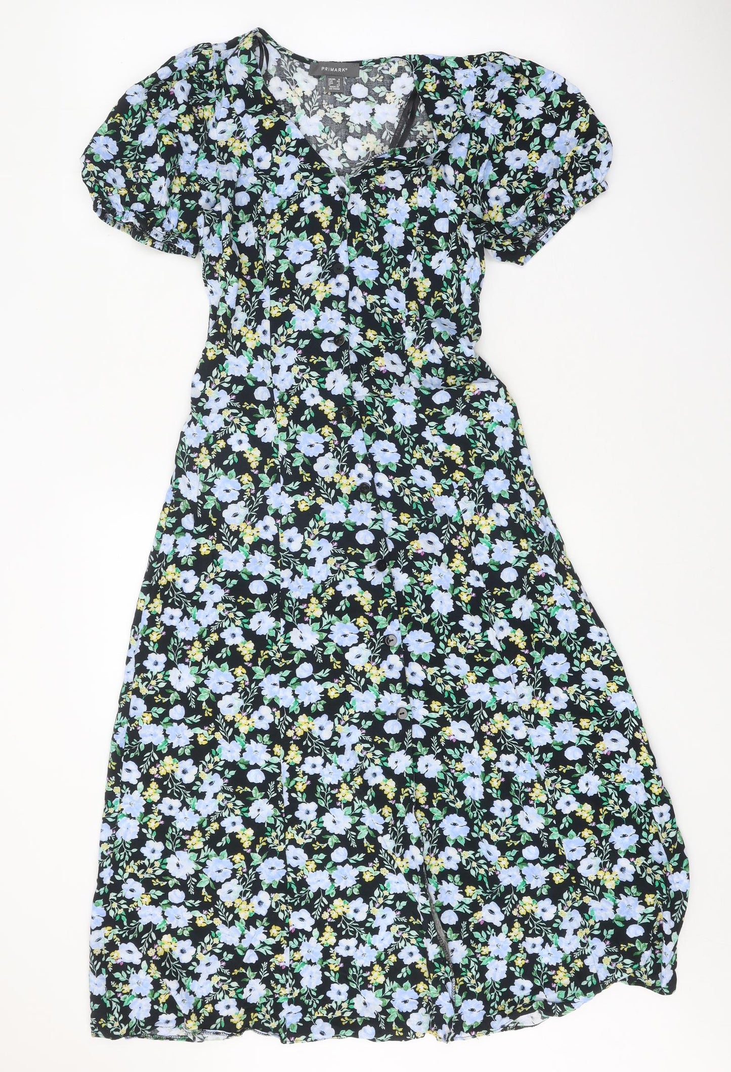 Primark Womens Black Floral Viscose Fit & Flare Size 8 V-Neck Button