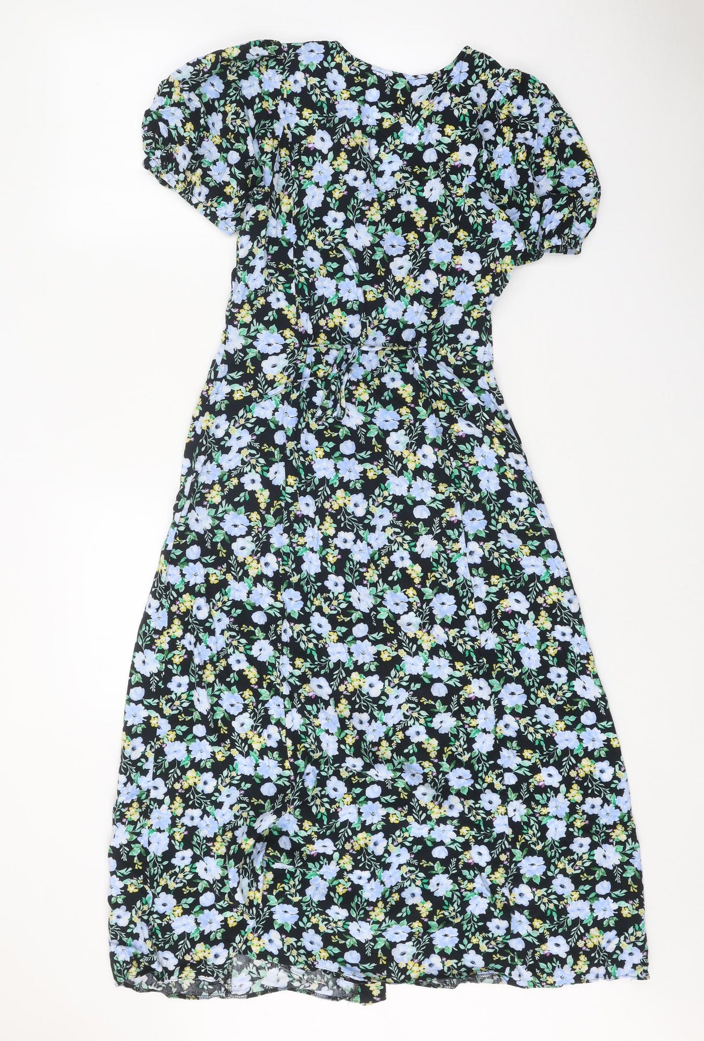 Primark Womens Black Floral Viscose Fit & Flare Size 8 V-Neck Button