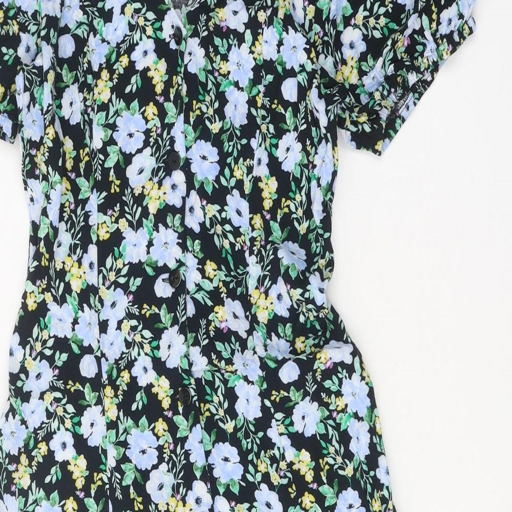 Primark Womens Black Floral Viscose Fit & Flare Size 8 V-Neck Button
