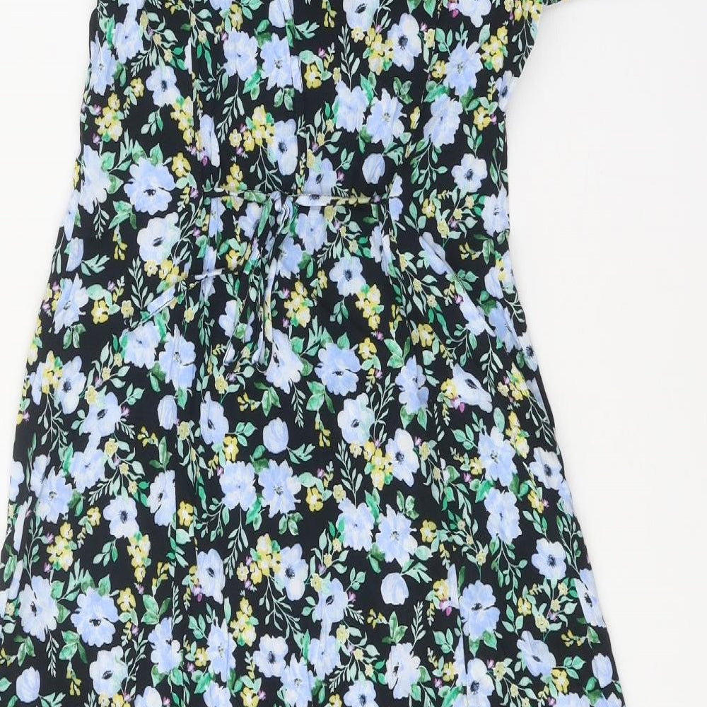 Primark Womens Black Floral Viscose Fit & Flare Size 8 V-Neck Button
