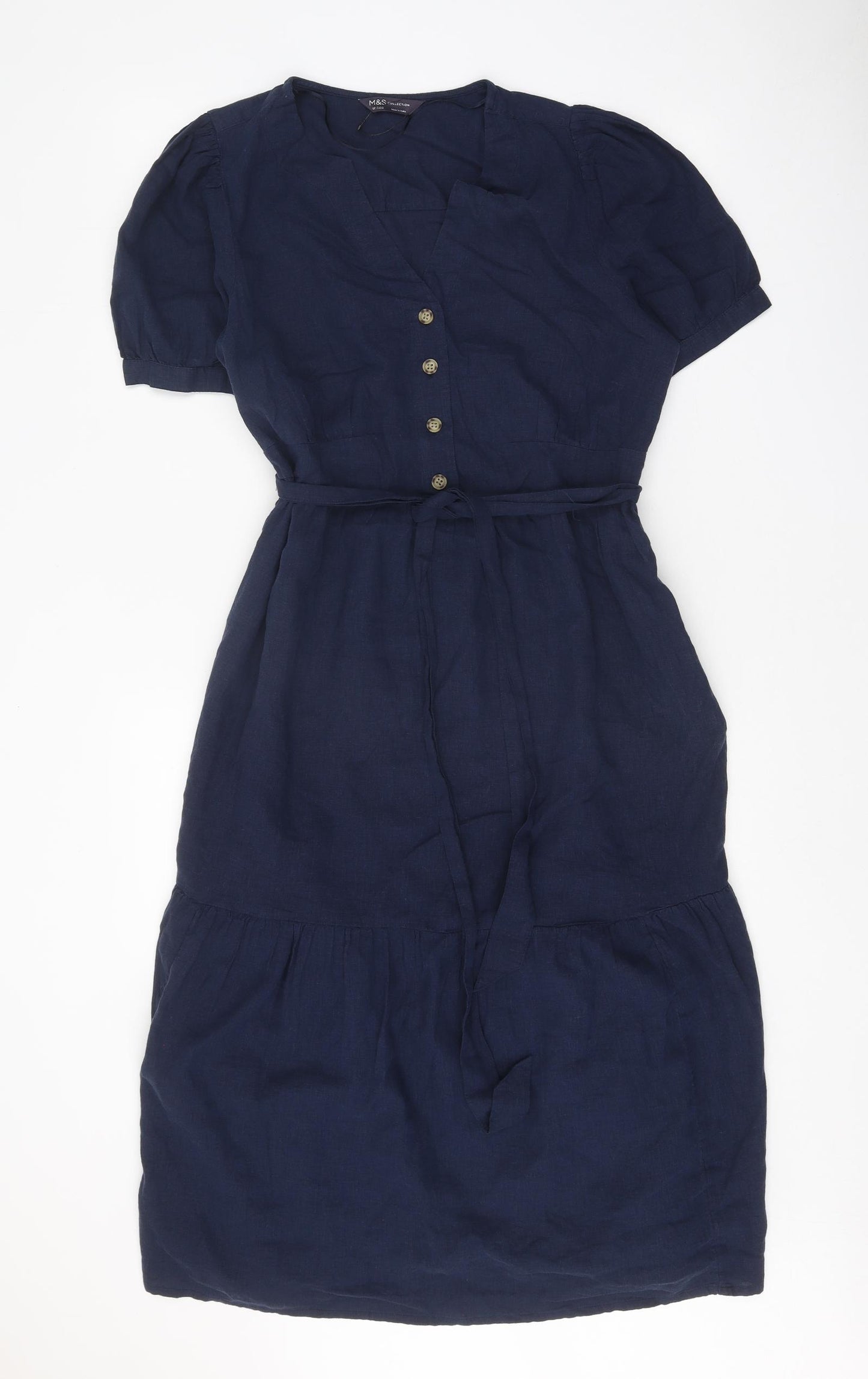 Marks and Spencer Womens Blue Linen Trapeze & Swing Size 12 Round Neck Button
