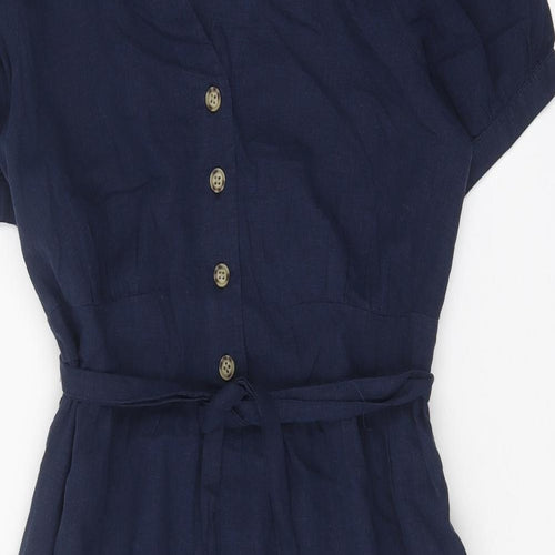 Marks and Spencer Womens Blue Linen Trapeze & Swing Size 12 Round Neck Button