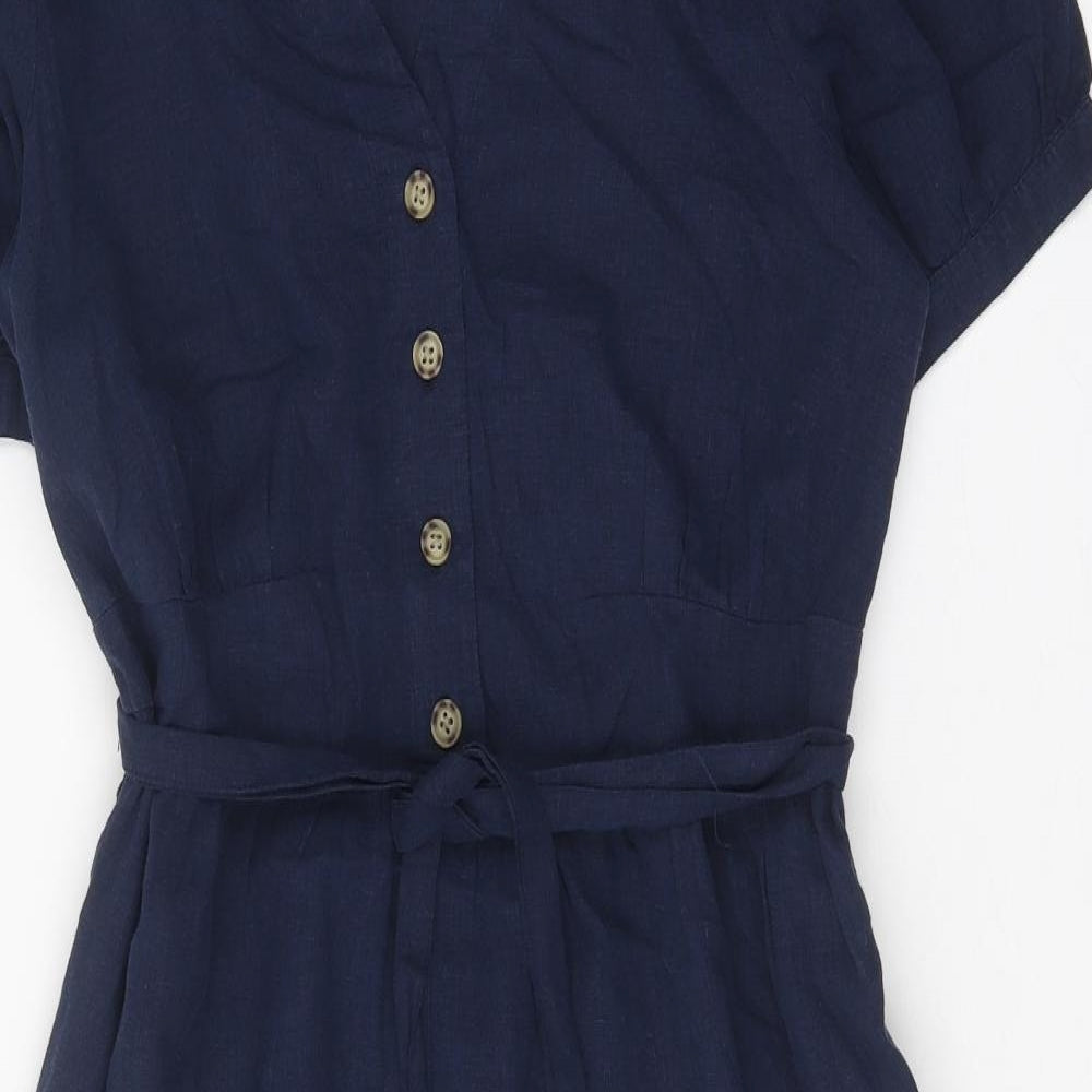 Marks and Spencer Womens Blue Linen Trapeze & Swing Size 12 Round Neck Button