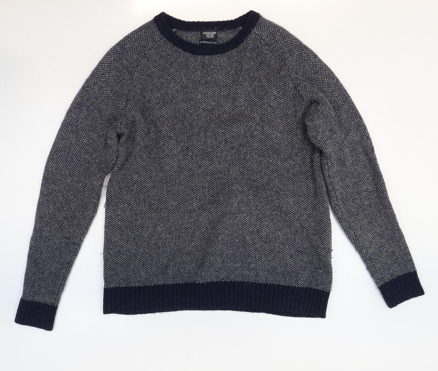 Boston Crew Mens Blue Round Neck Wool Pullover Jumper Size M Long Sleeve