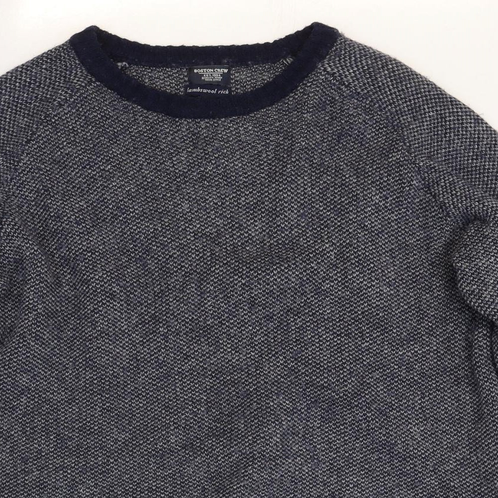 Boston Crew Mens Blue Round Neck Wool Pullover Jumper Size M Long Sleeve