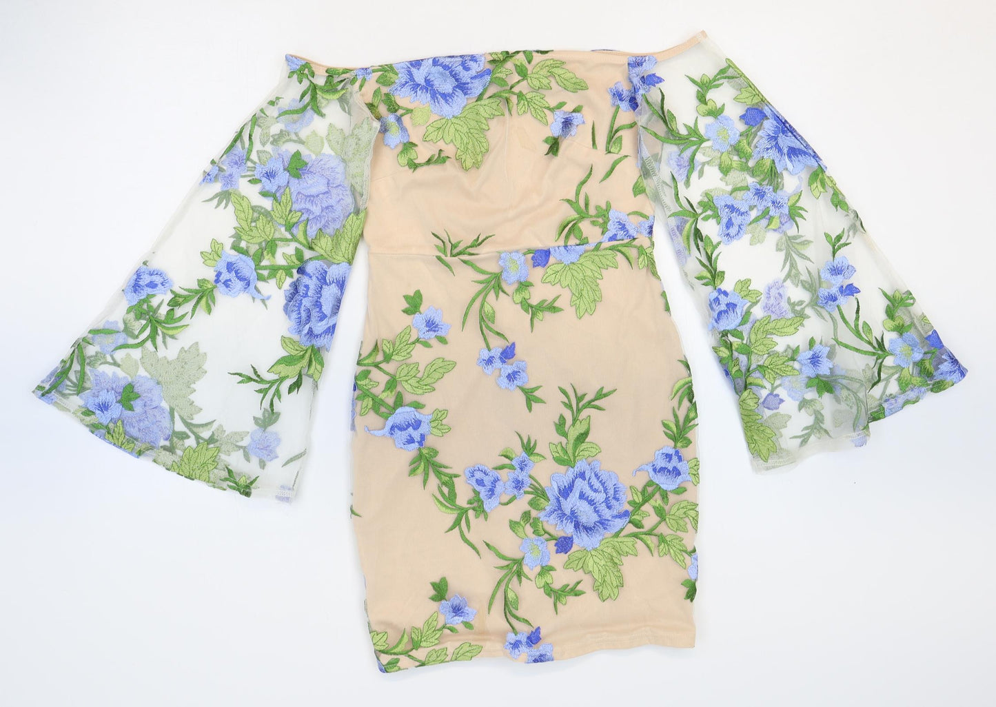 Missguided Womens Beige Floral Polyester Mini Size 8 Off the Shoulder Zip