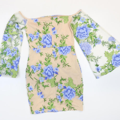 Missguided Womens Beige Floral Polyester Mini Size 8 Off the Shoulder Zip