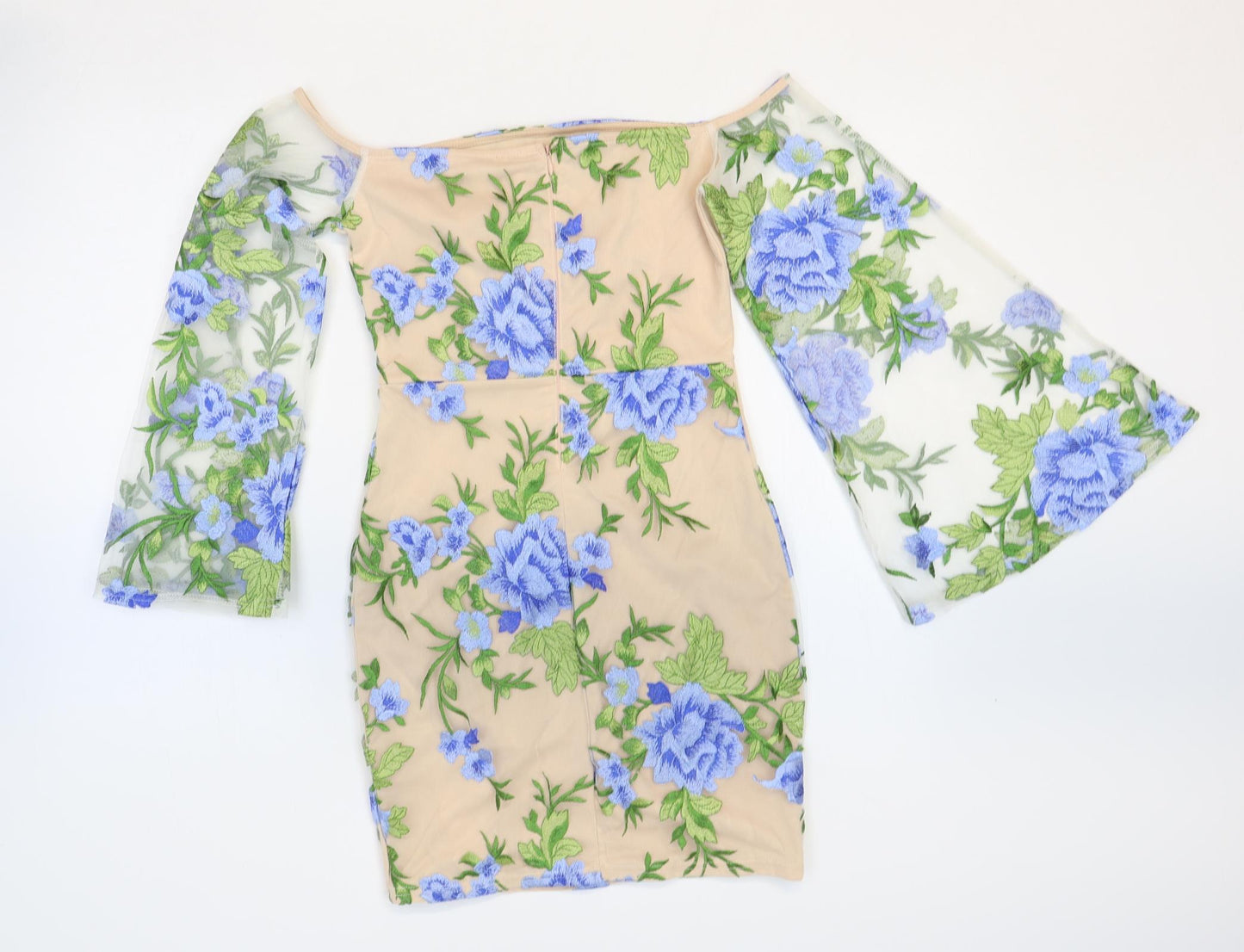 Missguided Womens Beige Floral Polyester Mini Size 8 Off the Shoulder Zip