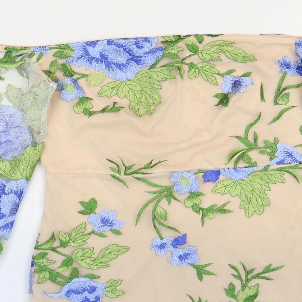 Missguided Womens Beige Floral Polyester Mini Size 8 Off the Shoulder Zip