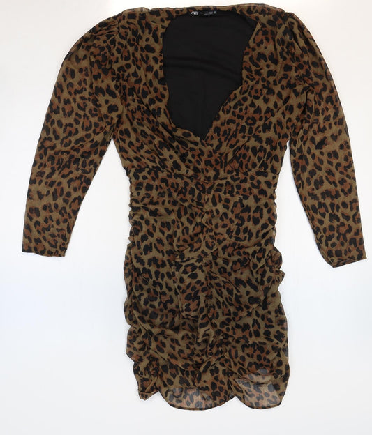 Front view of Zara women’s multicoloured animal print polyester bodycon, size S, v-neck zip - leopard print