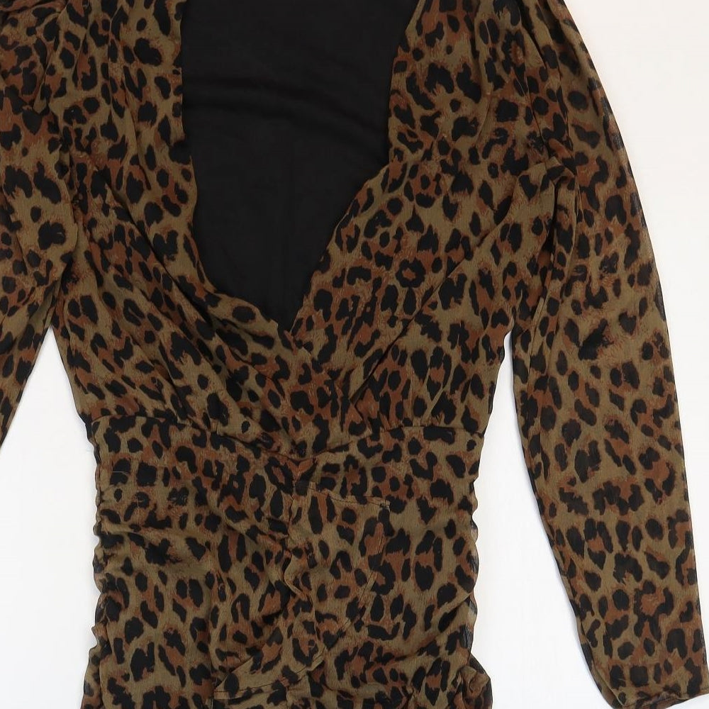 Zara Womens Multicoloured Animal Print Polyester Bodycon Size S V-Neck Zip - Leopard Print