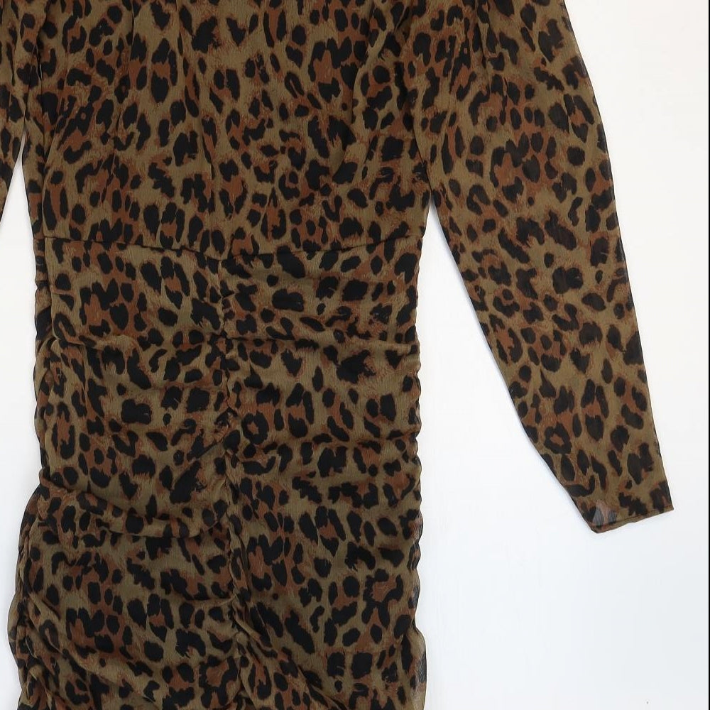 Zara Womens Multicoloured Animal Print Polyester Bodycon Size S V-Neck Zip - Leopard Print