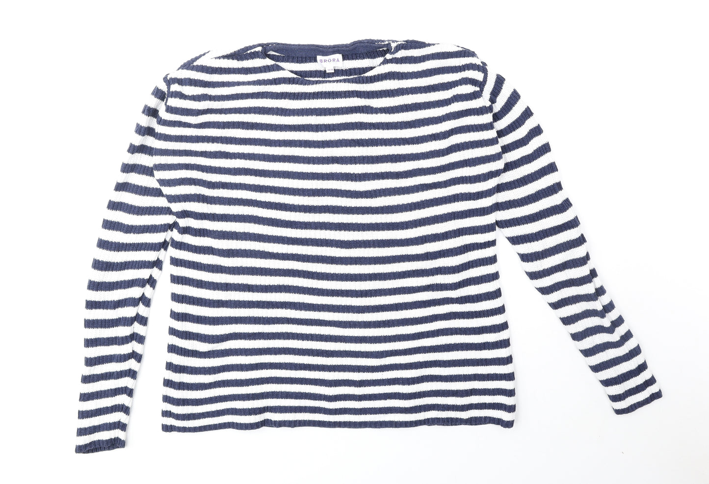 Brora Womens Blue Round Neck Striped 100% Cotton Pullover Jumper Size 12