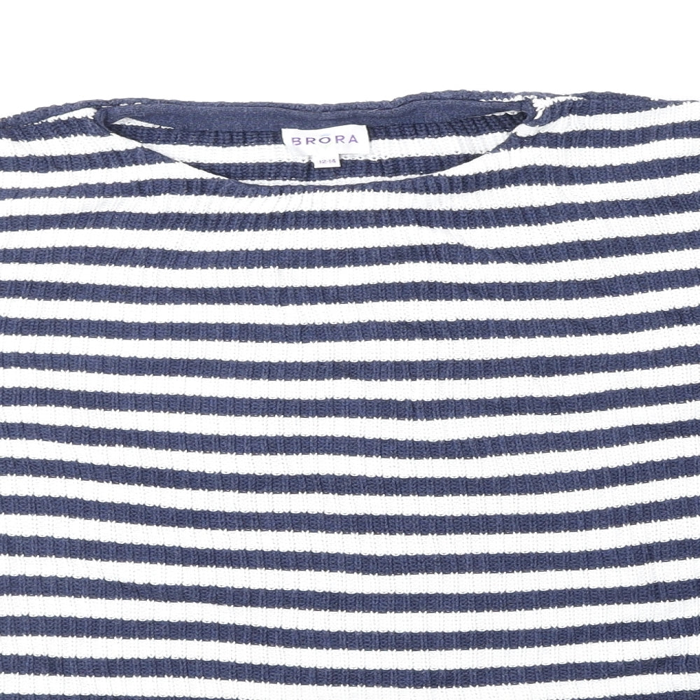 Brora Womens Blue Round Neck Striped 100% Cotton Pullover Jumper Size 12