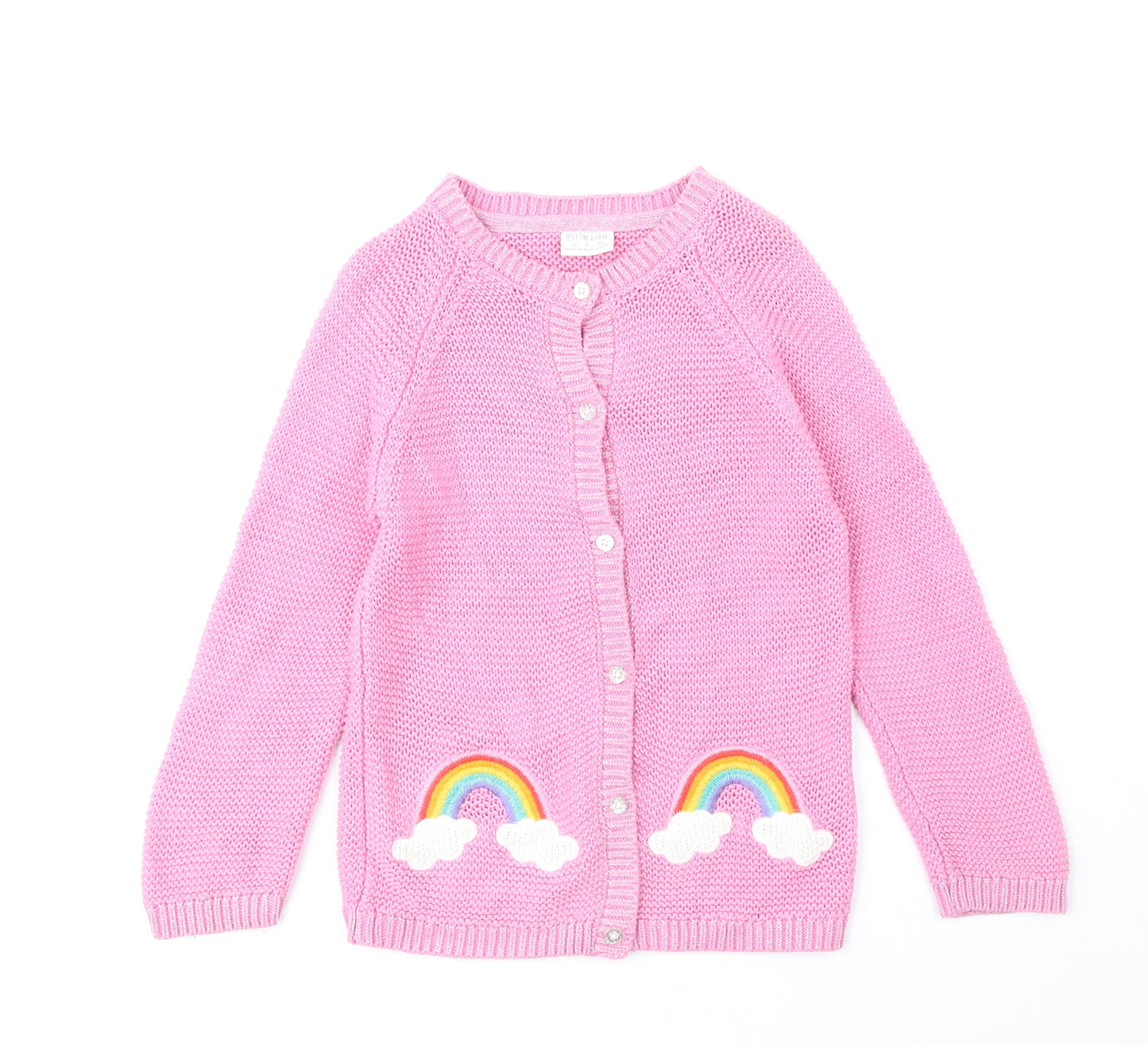 F&F Girls Pink Round Neck Cotton Cardigan Jumper Size 4-5 Years Button - Rainbow