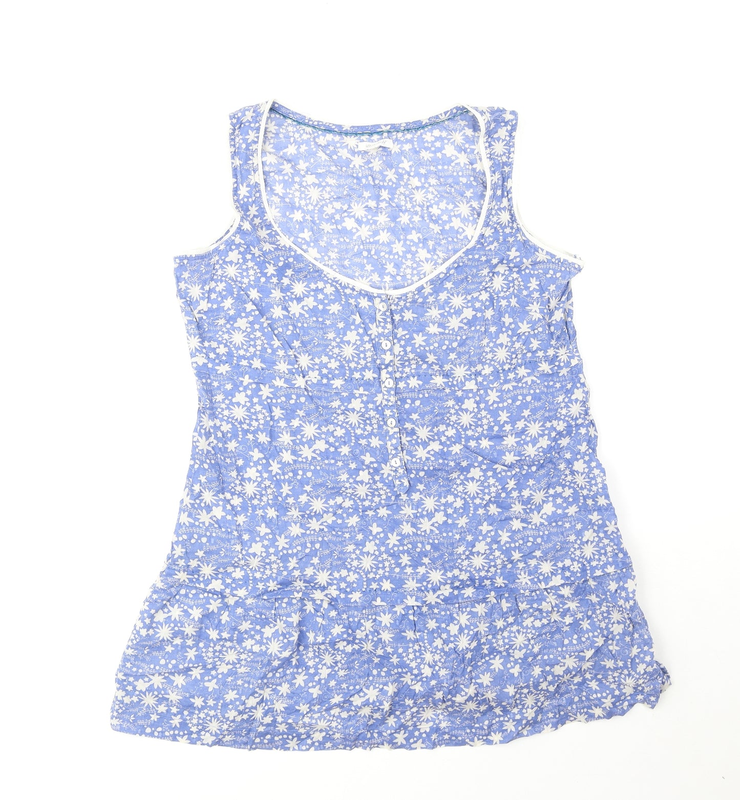 White Stuff Womens Blue Floral 100% Cotton Basic Tank Size 12 Scoop Neck