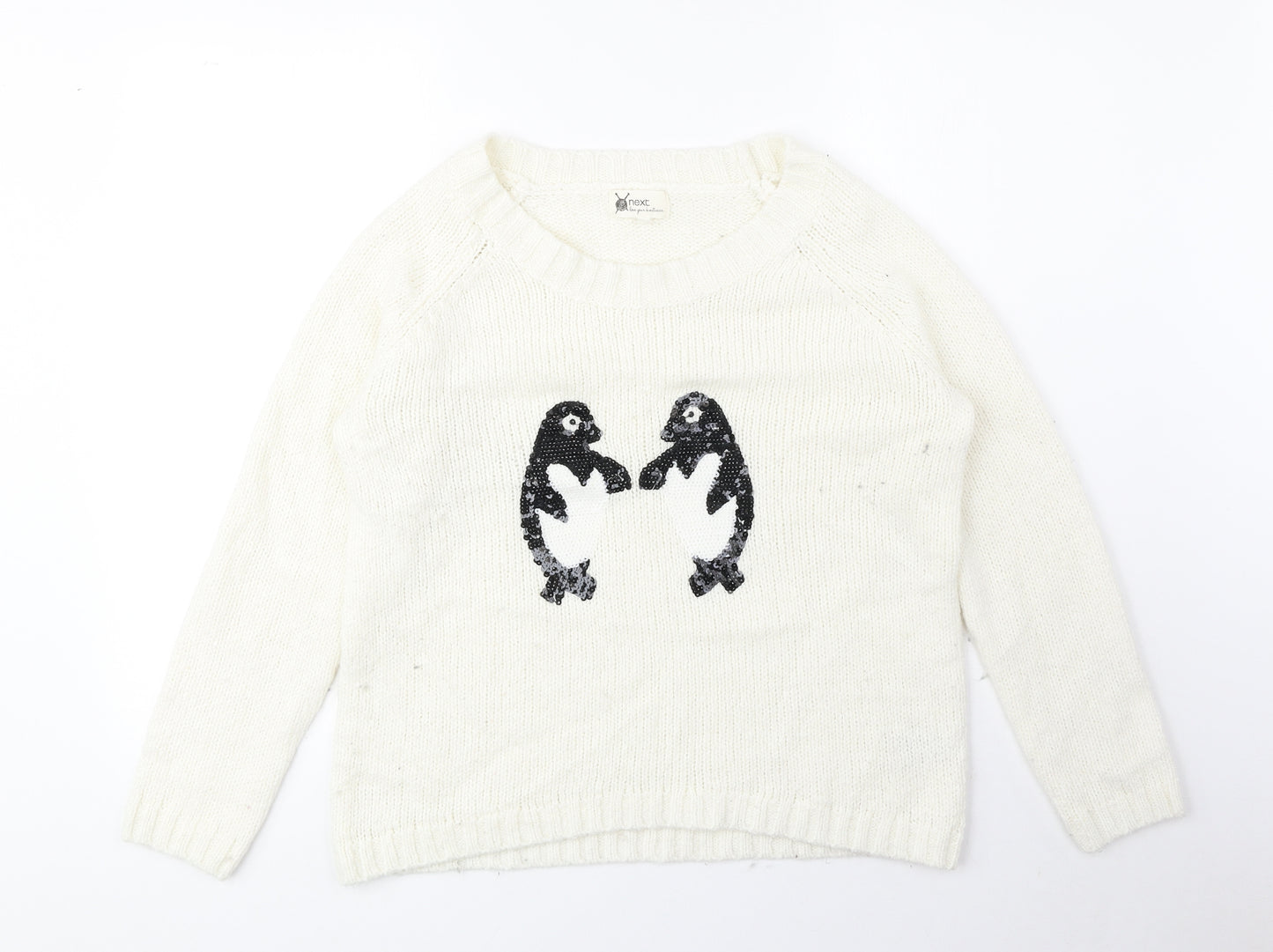 NEXT Womens Ivory Round Neck Acrylic Pullover Jumper Size 14 - Penguin Detail